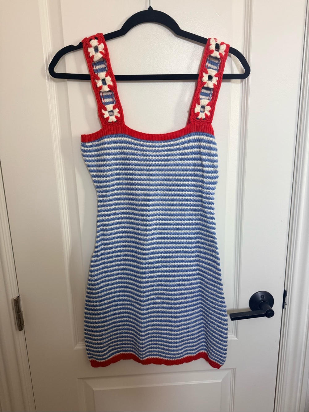 NWT Blue & White Striped Crochet Dress with Red Trim
